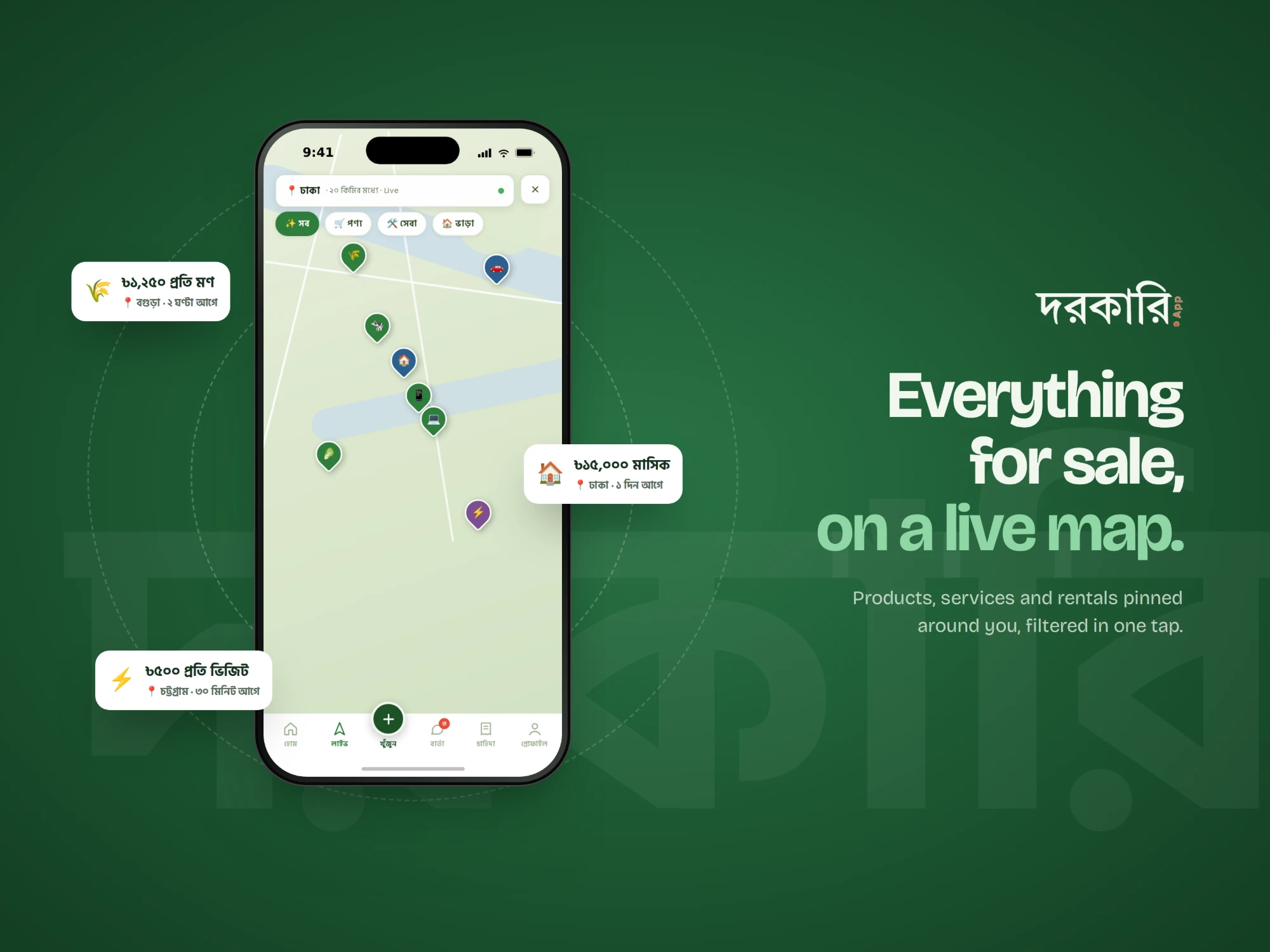 Products, services and rentals pinned on a live map
