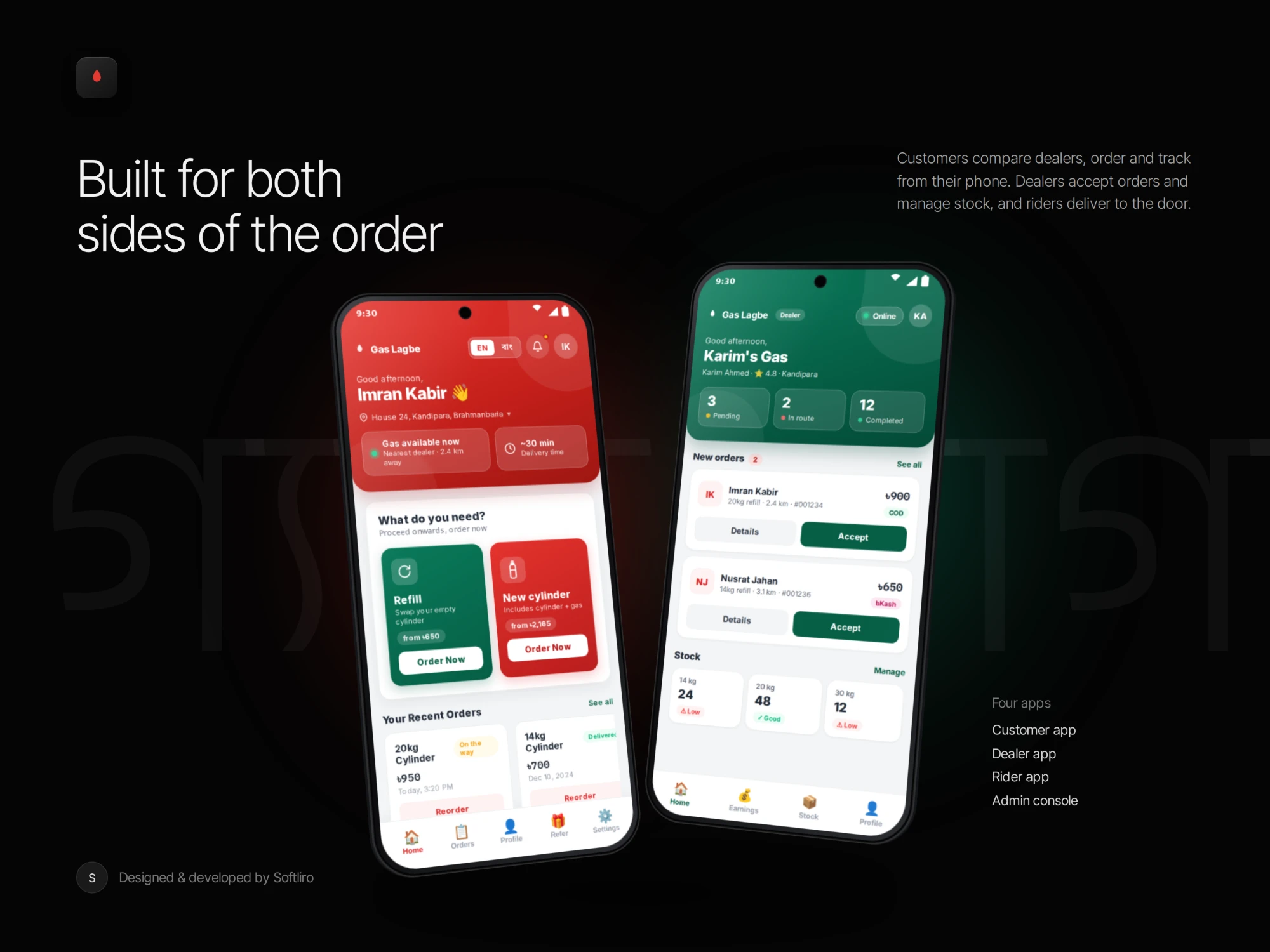 Gas Lagbe customer app and dealer app side by side