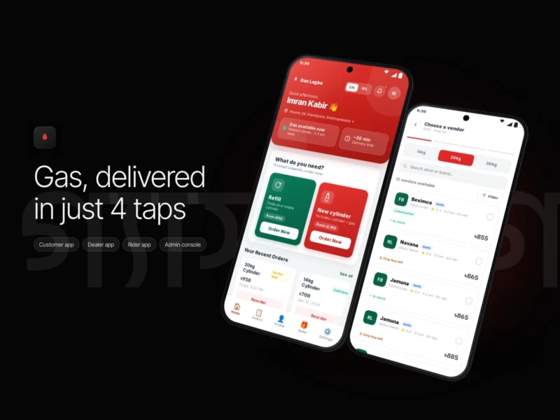 Gas Lagbe home screen and dealer list: gas, delivered in just four taps
