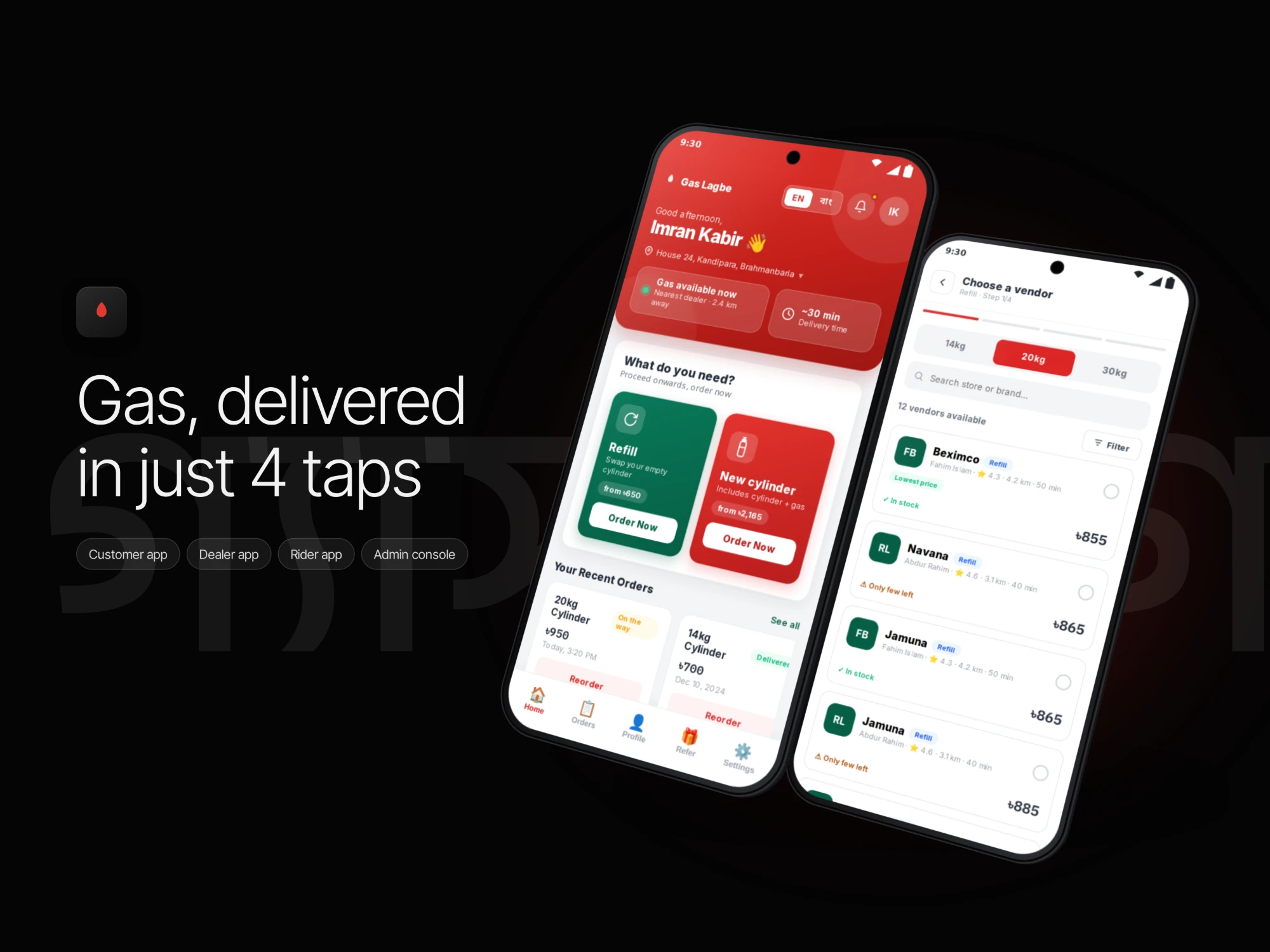 Gas Lagbe home screen and dealer list: gas, delivered in just four taps