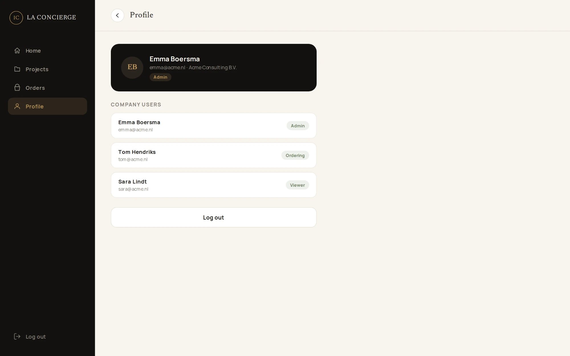 Profile with company users and their roles: Admin, Ordering and Viewer