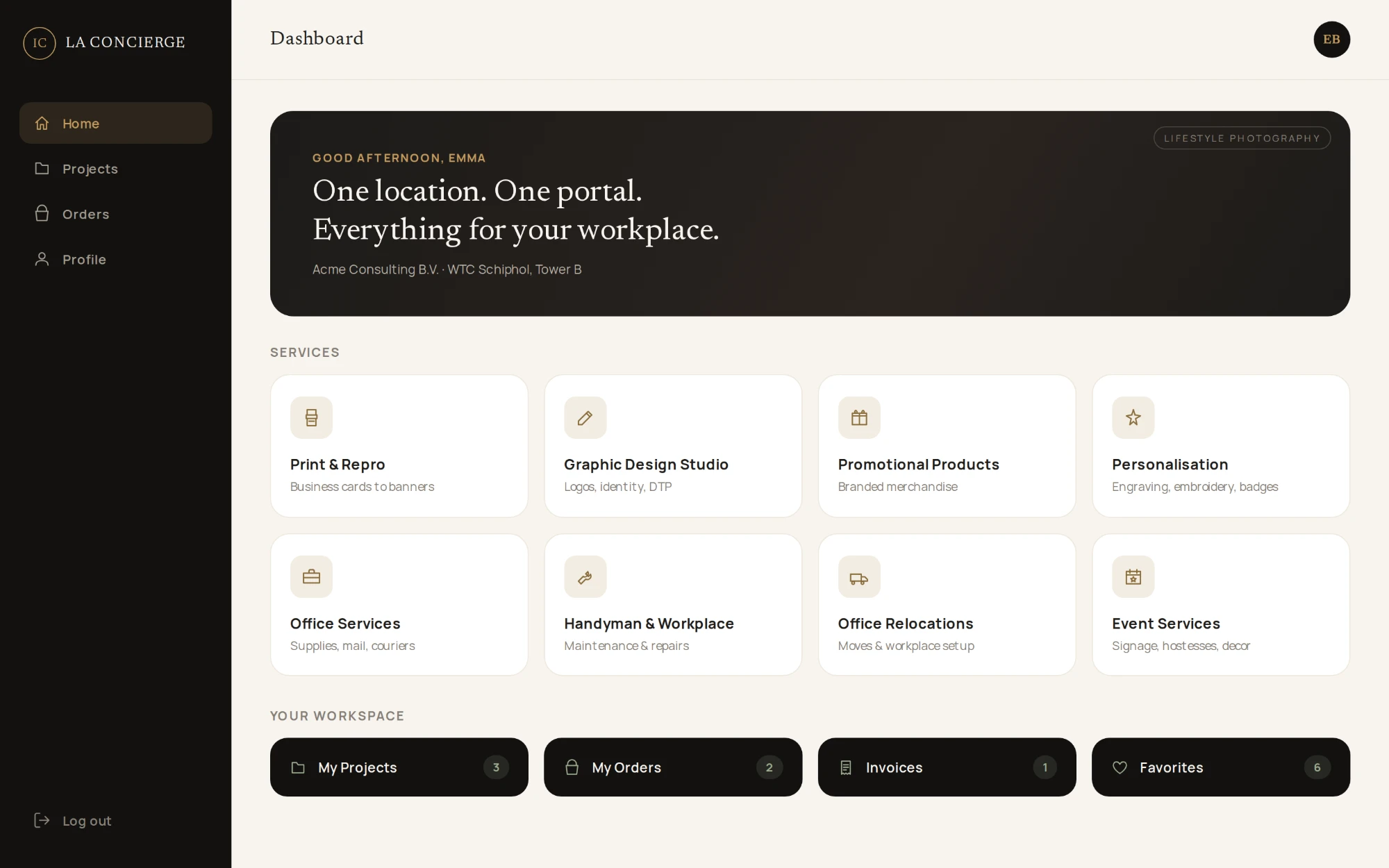 La Concierge dashboard with eight service categories and the tenant workspace