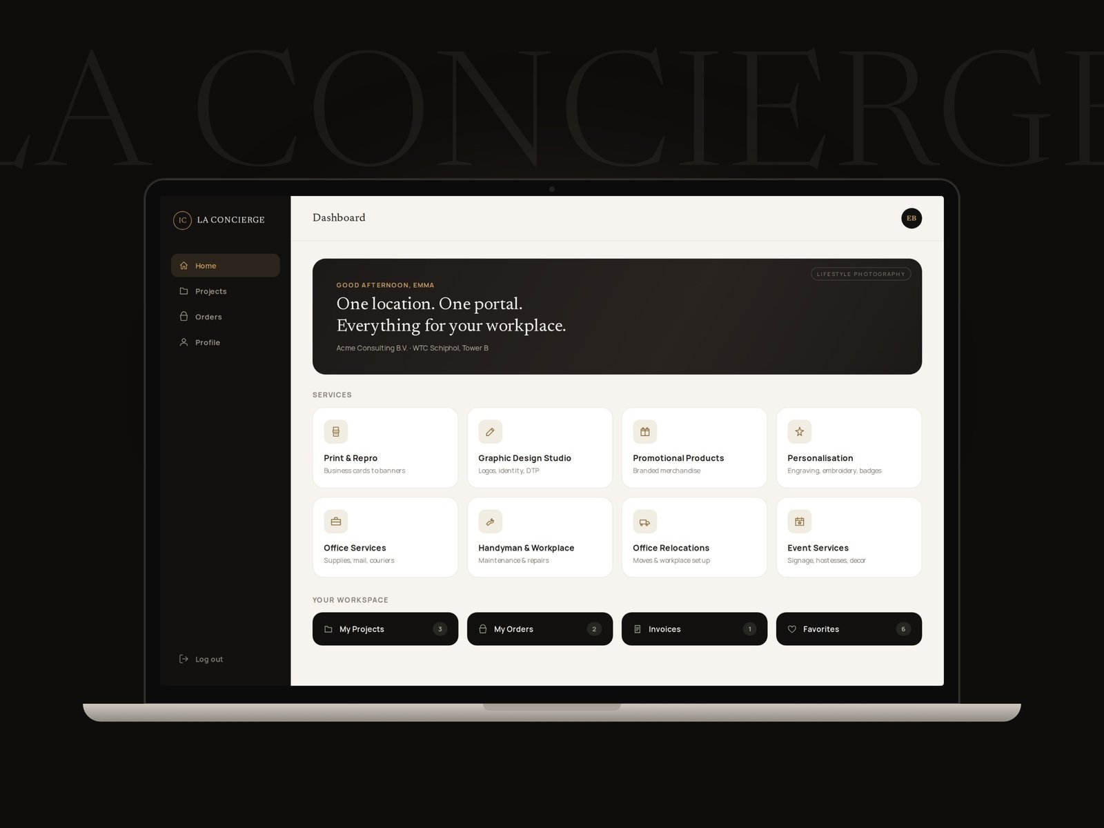 La Concierge business portal dashboard on a laptop