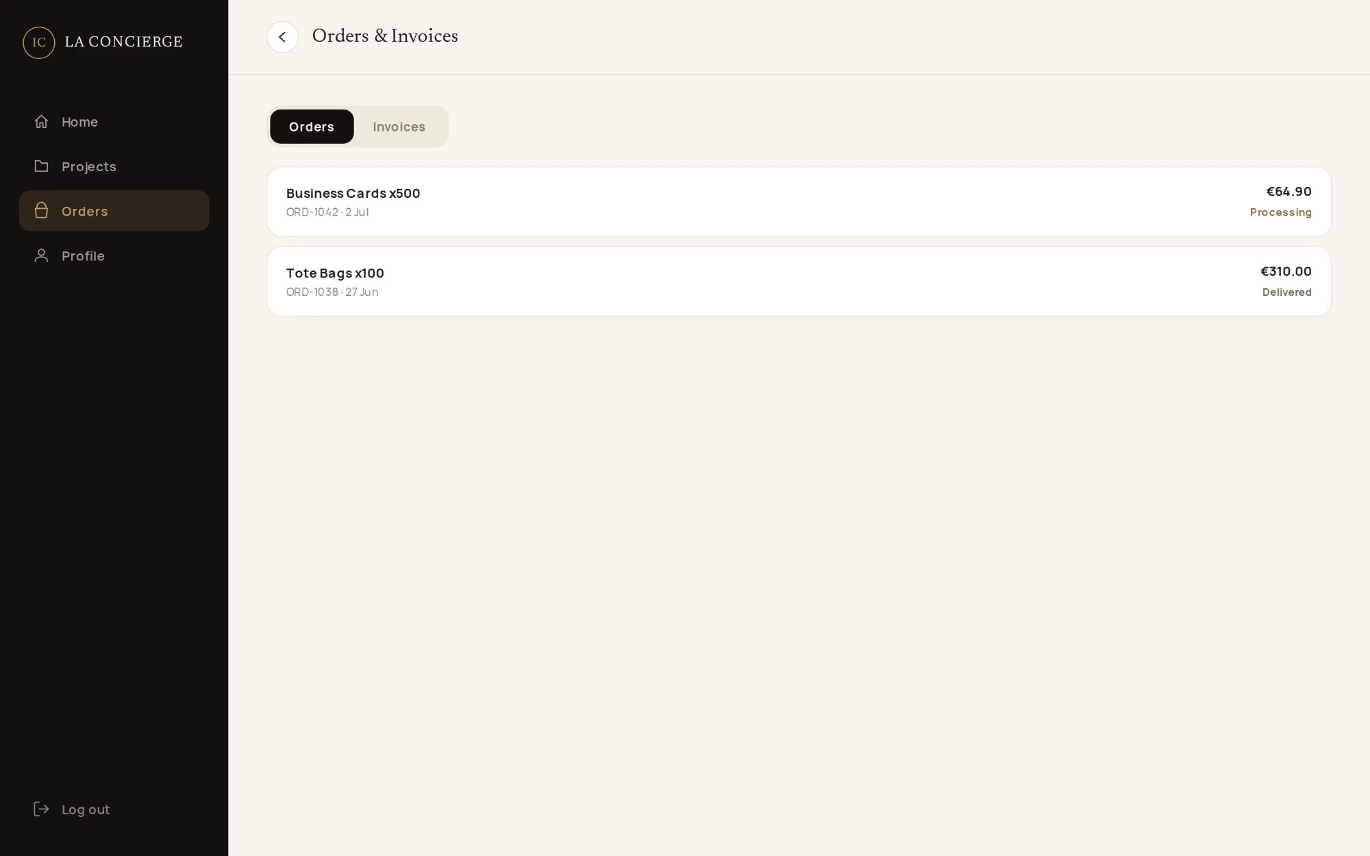 Orders and invoices with order numbers, amounts and status
