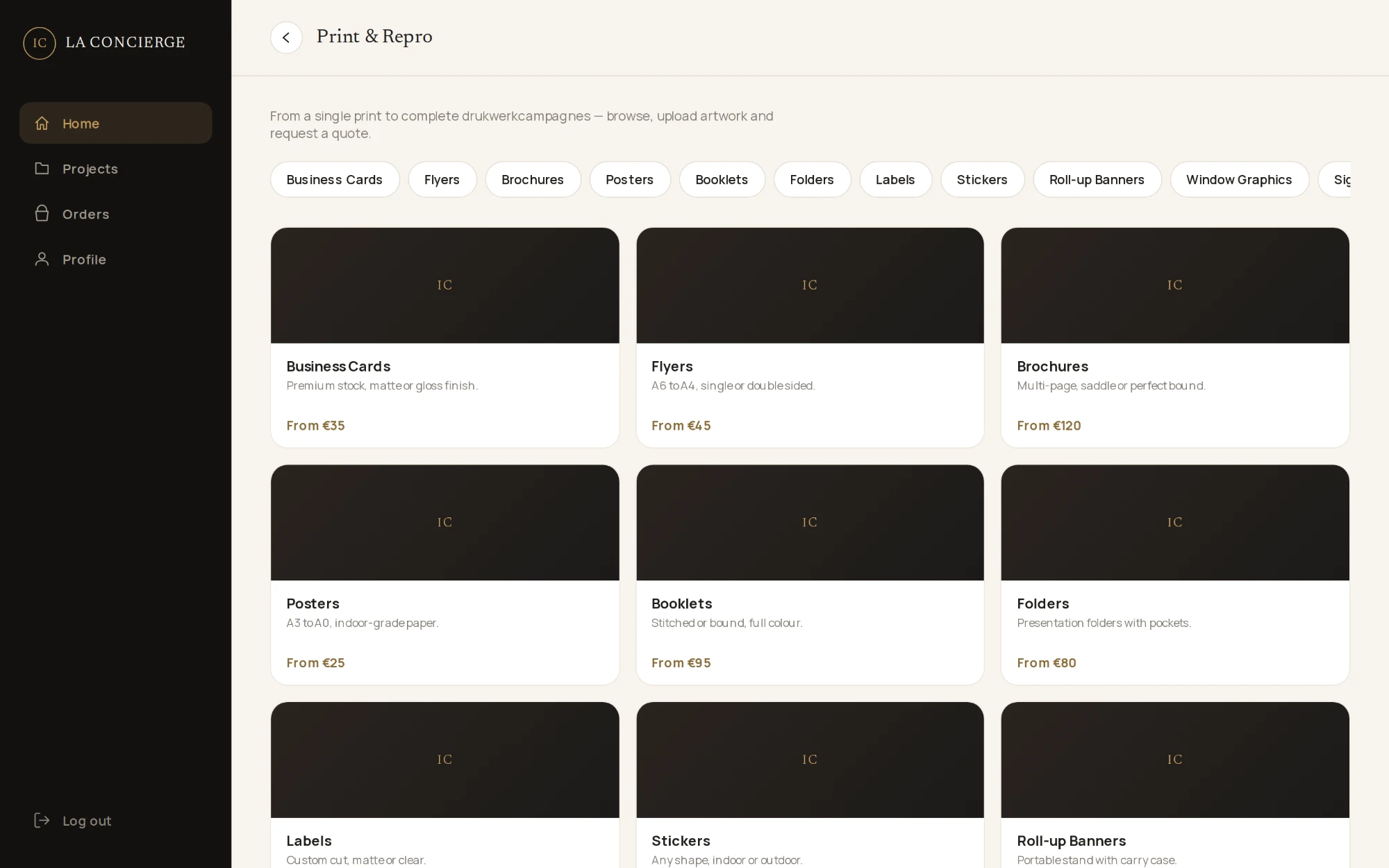 Print and Repro catalogue with product categories and starting prices