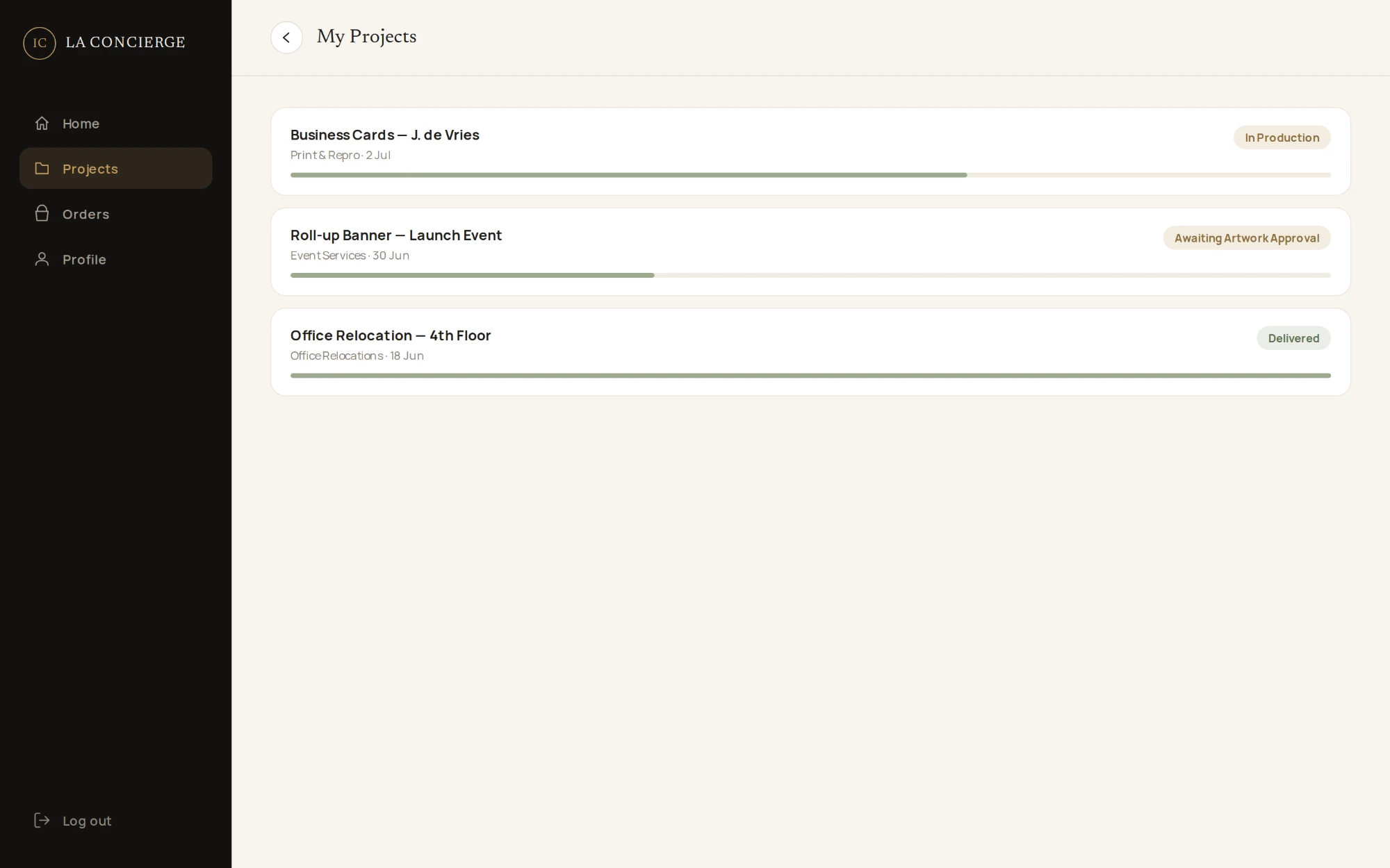 My Projects with a status and progress bar for each job