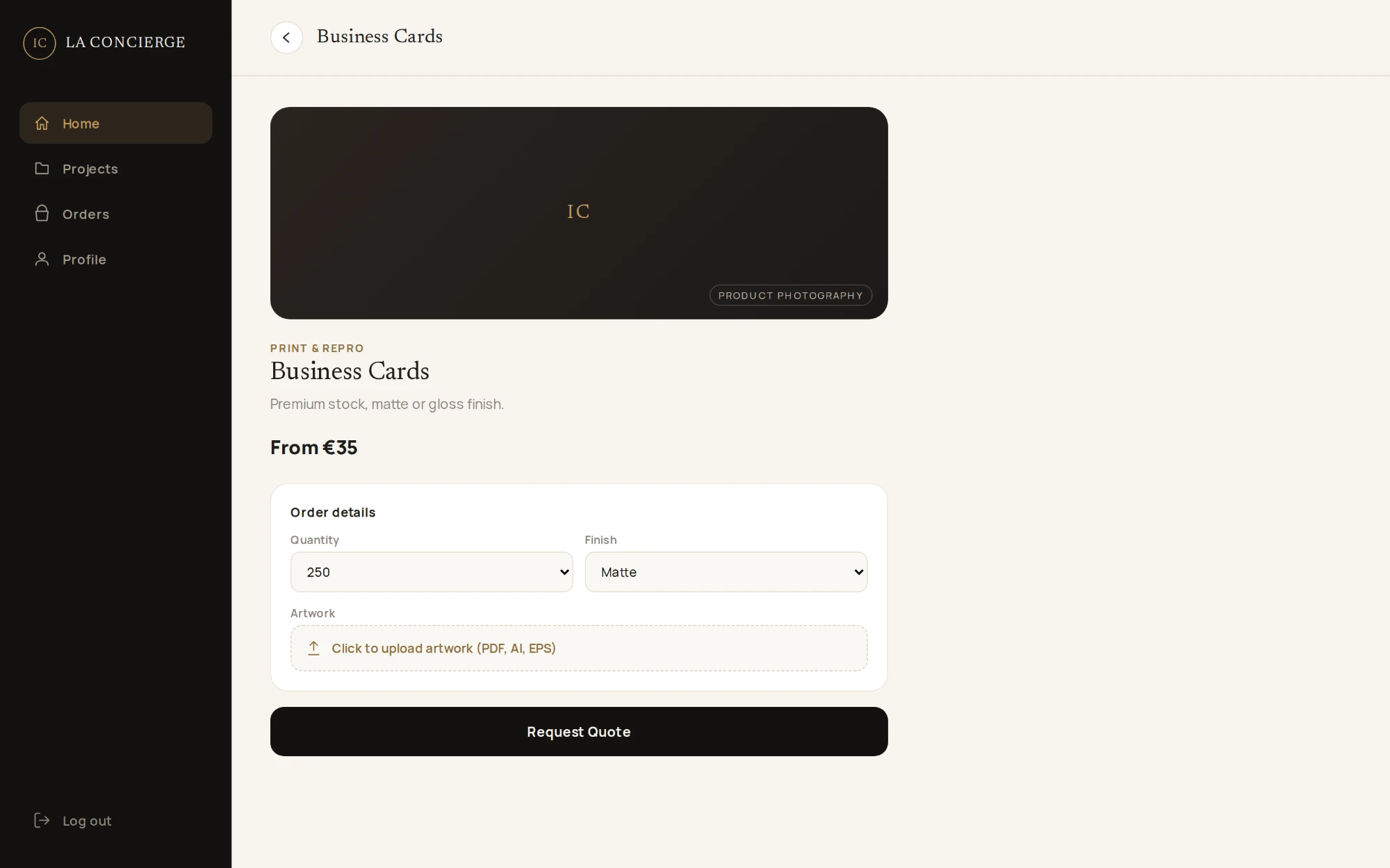 Business cards product page with order details, artwork upload and a quote request