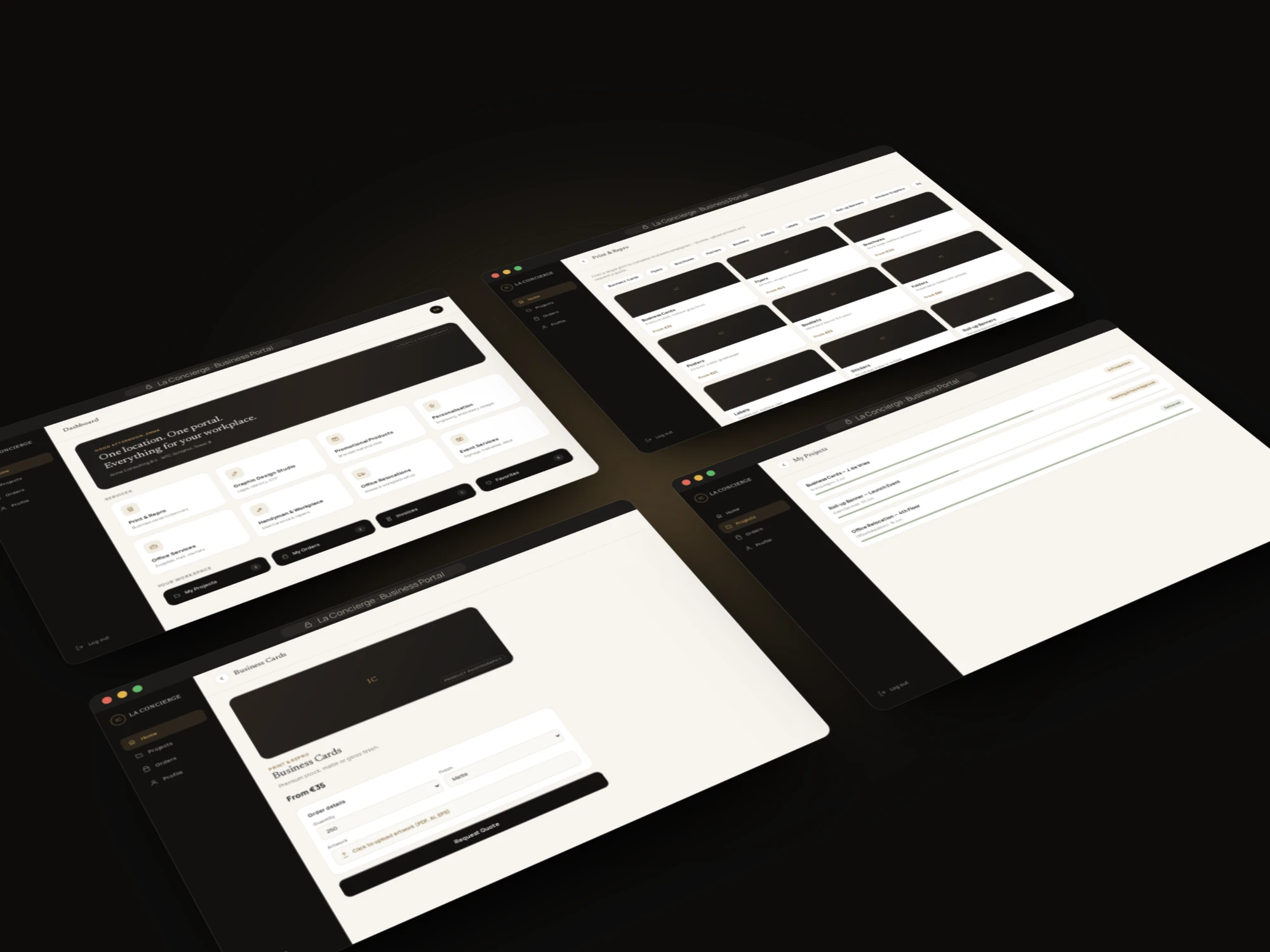 La Concierge portal screens: dashboard, Print and Repro catalogue, quote request and projects