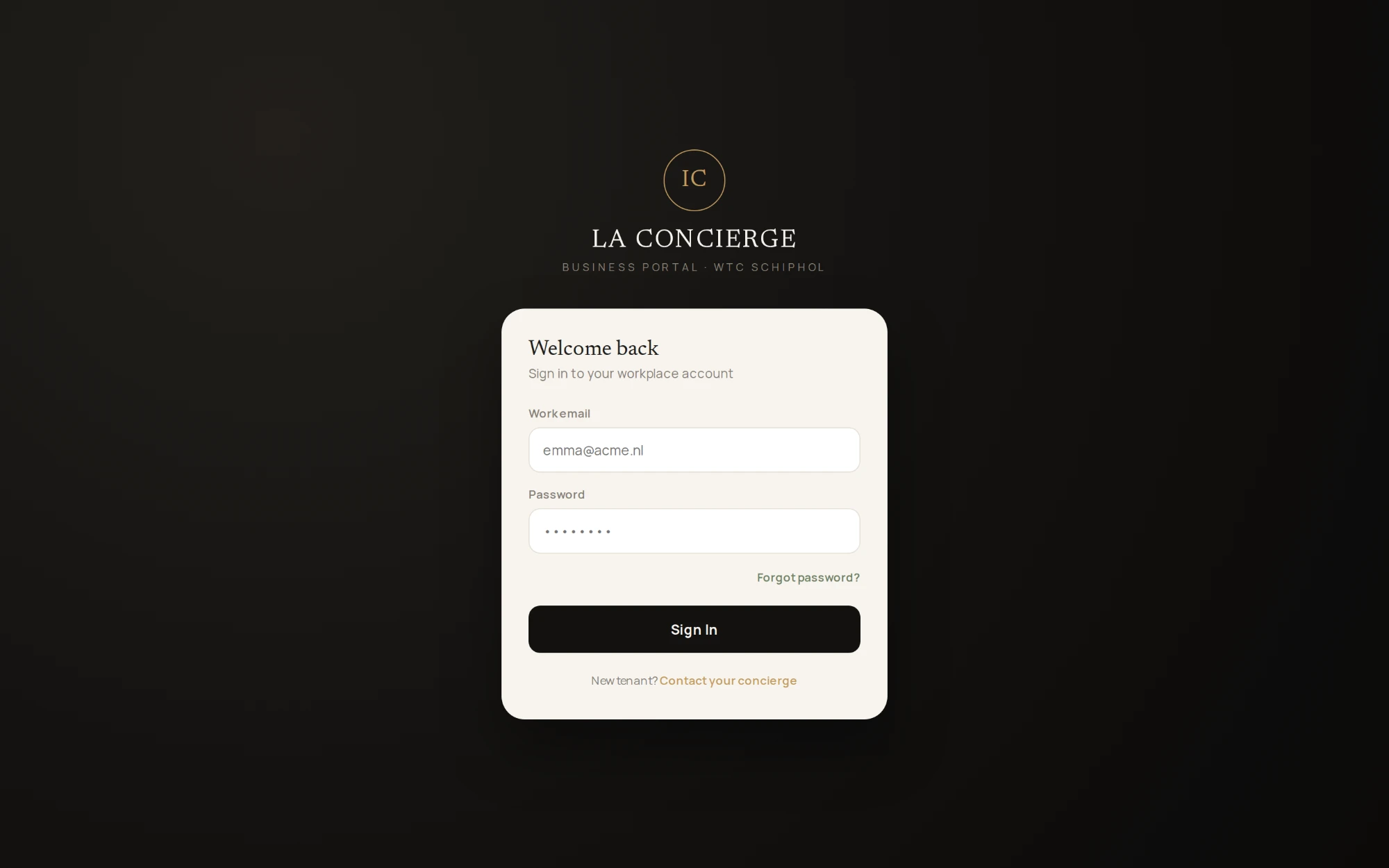 La Concierge sign-in screen for tenants of WTC Schiphol