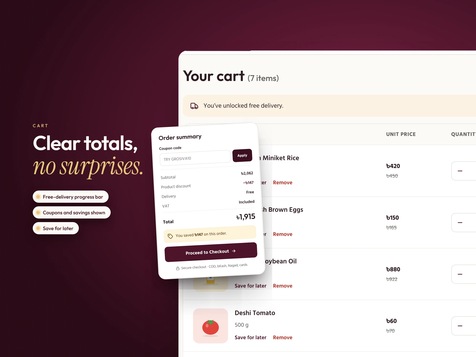 Grosiva cart with a free-delivery bar, coupon and order summary