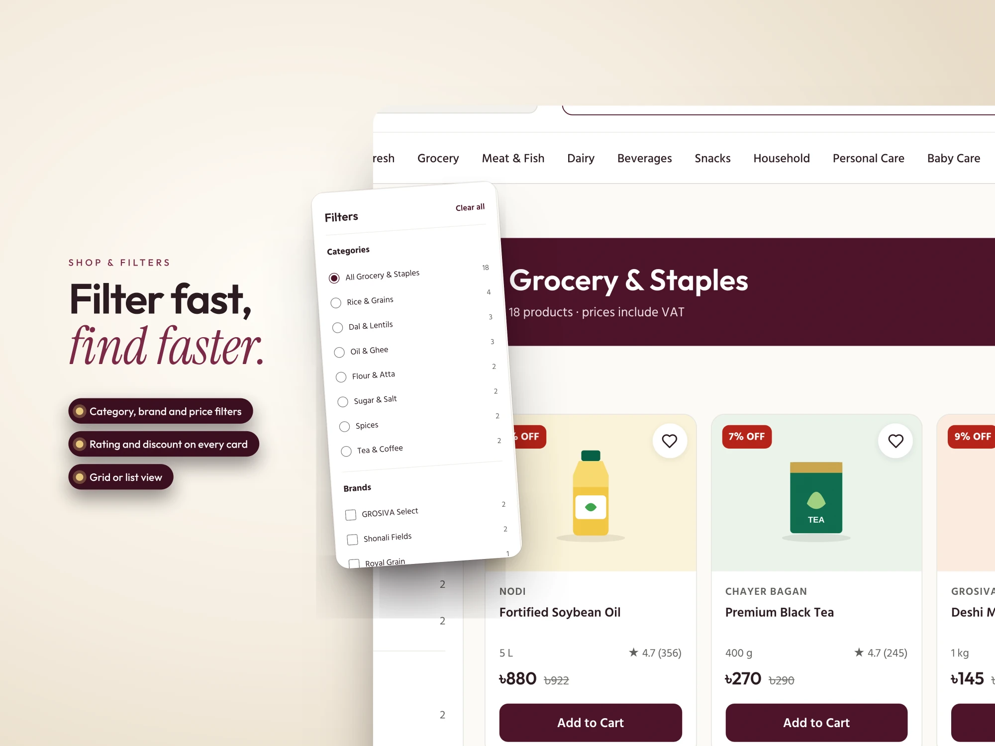 Grosiva shop page with category, brand and price filters