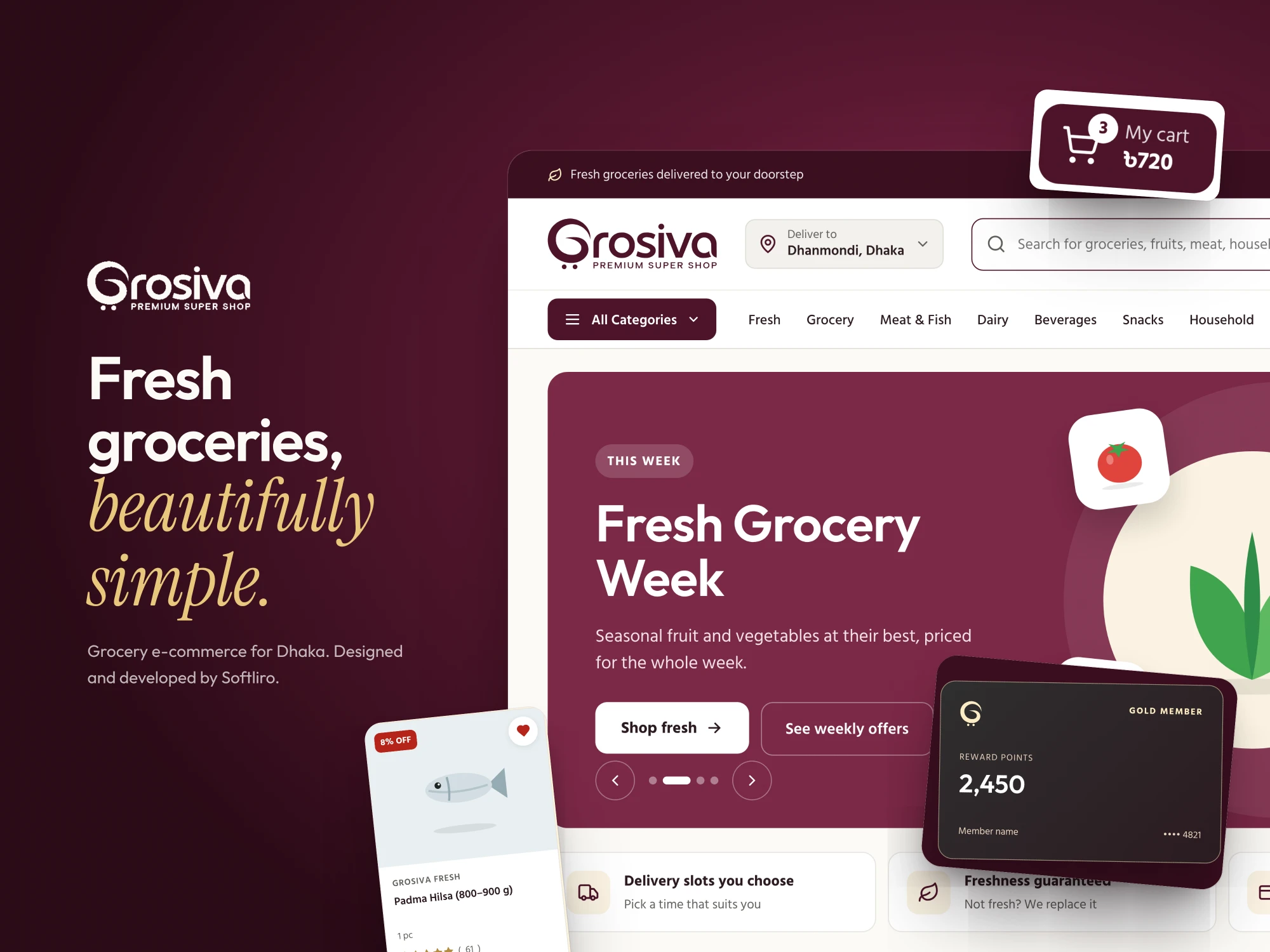 Grosiva storefront header, hero banner and rewards card
