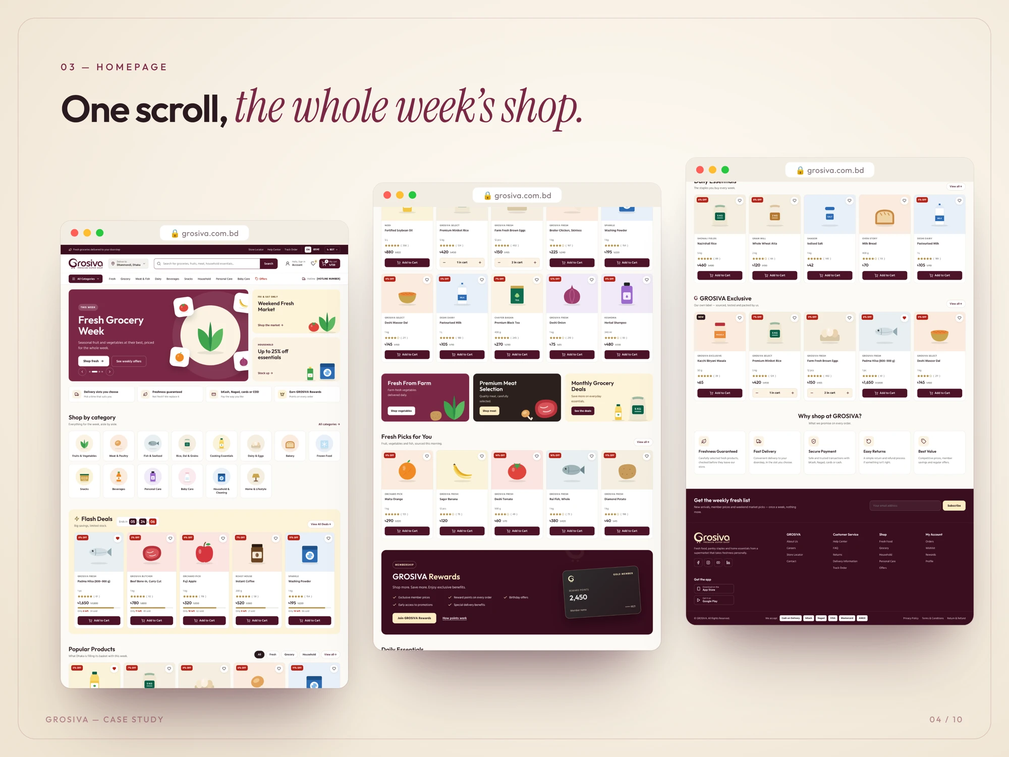 The Grosiva home page from top to bottom: weekly banner, categories, flash deals, fresh picks, rewards and footer