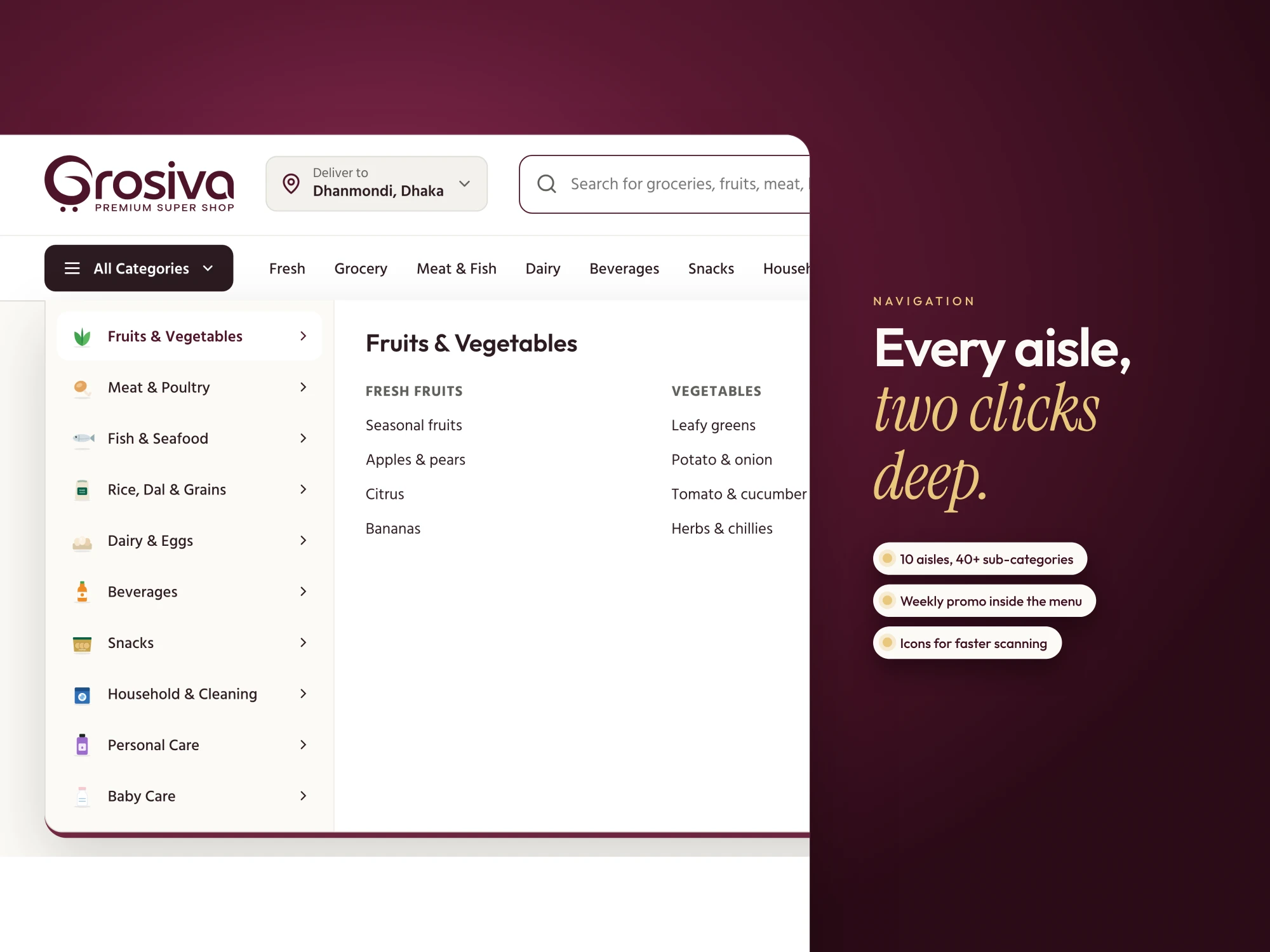 Grosiva mega menu with ten aisles and a Fruits and Vegetables panel